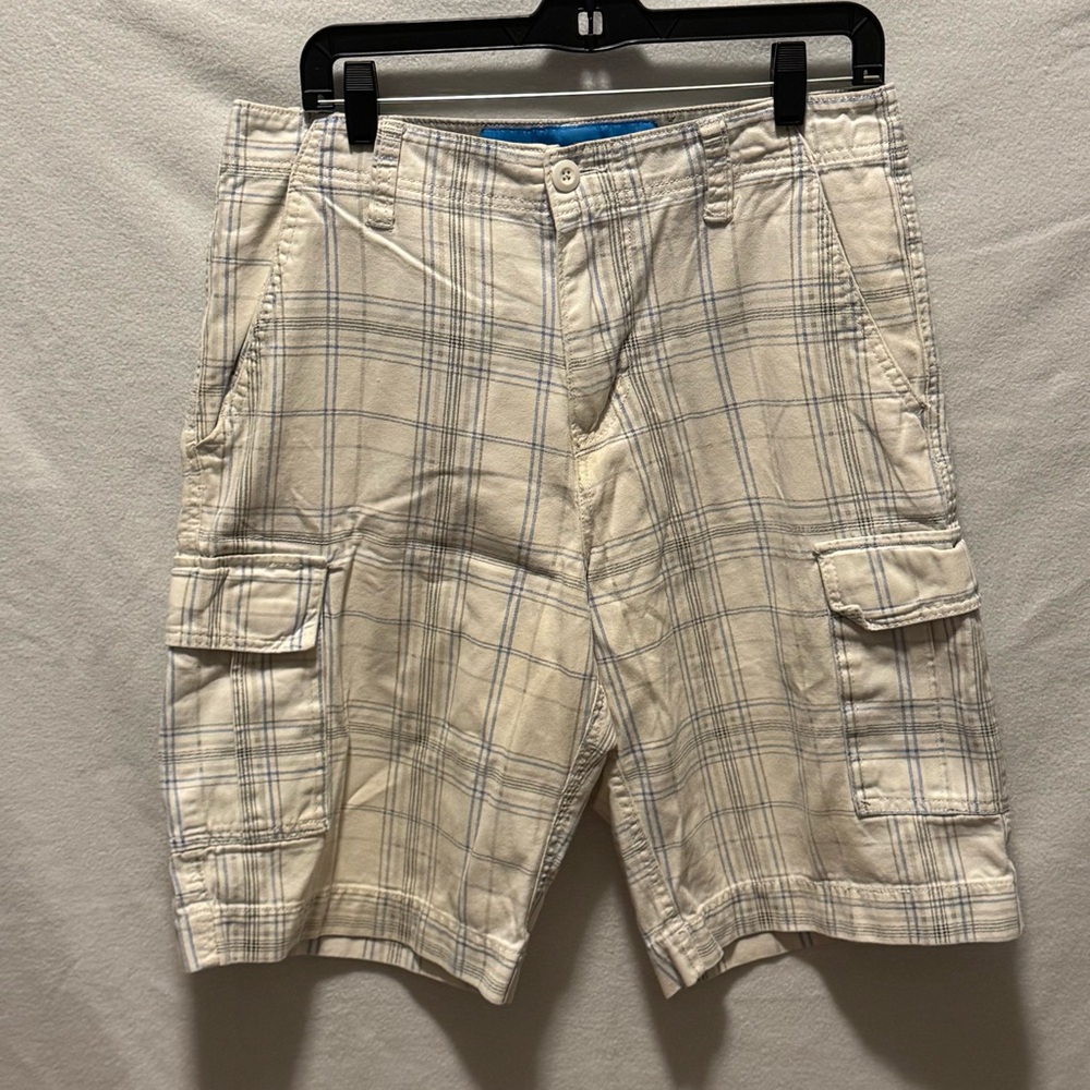 PLUGG Mens White Blue Plaid Cargo Shorts Flat Front Cotton Mid Rise Sz 30 Preppy